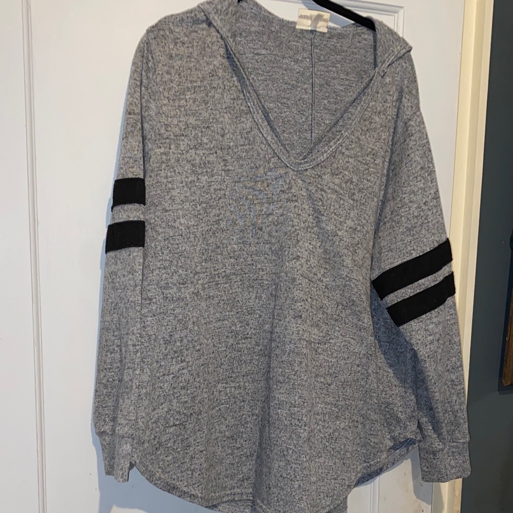 Gray Hooded Women's sweater with Black Stripes with hood